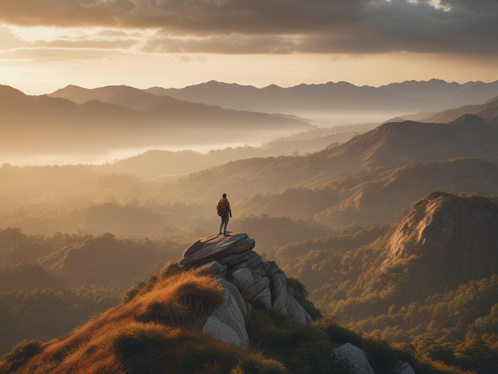 A high resolution photograph of a lone hiker standing on
