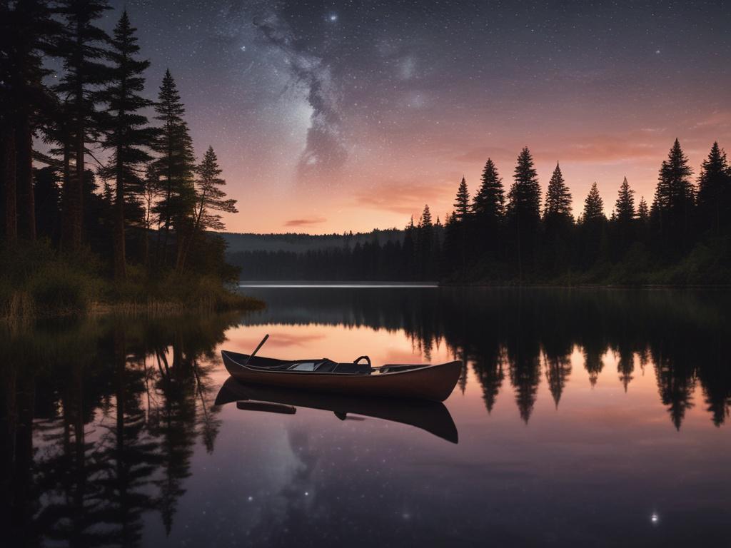 A peaceful night scene showing a canoe gliding over calm