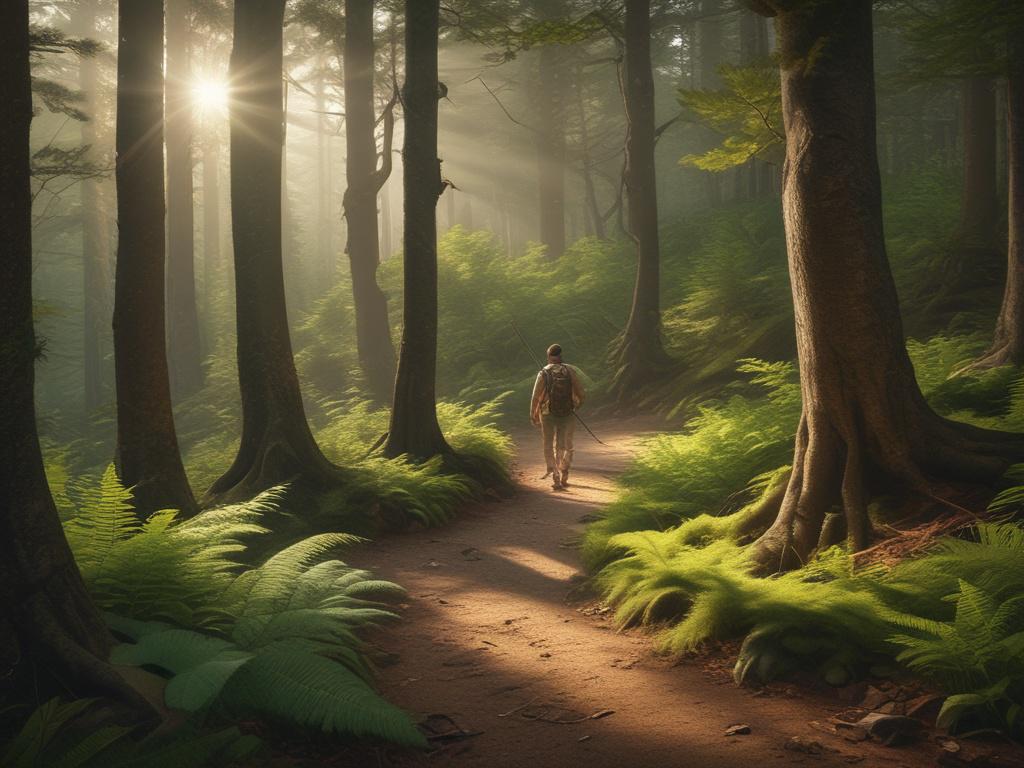 A serene forest scene featuring a winding trail through tall