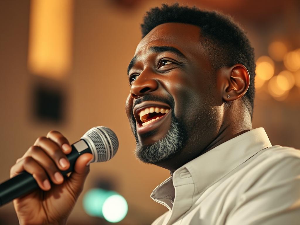 A close-up, hyper-realistic image of a worship leader passionately singing during a church service, captured with a 45mm f/1.2 lens style. The subject is a middle-aged African American man with expressive eyes and a genuine smile, holding a microphone. The background is softly blurred with ambient church lighting in shades compatible with rgb(69, 10, 186), evoking a warm and spiritual atmosphere.