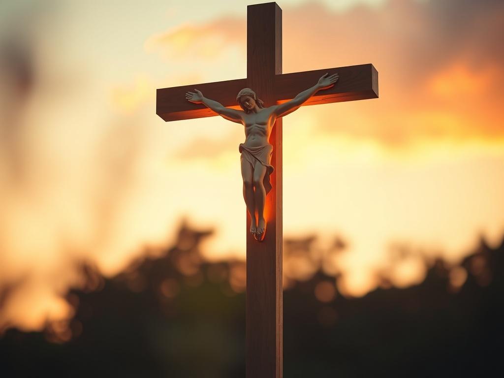 A close-up shot of a beautifully lit cross at sunset, symbolizing Passion Week. The background features soft, blurred nature elements, creating a serene and reverent atmosphere. The focus is on the cross, representing hope and redemption, captured in high-resolution with a 45mm f/1.2 lens.
