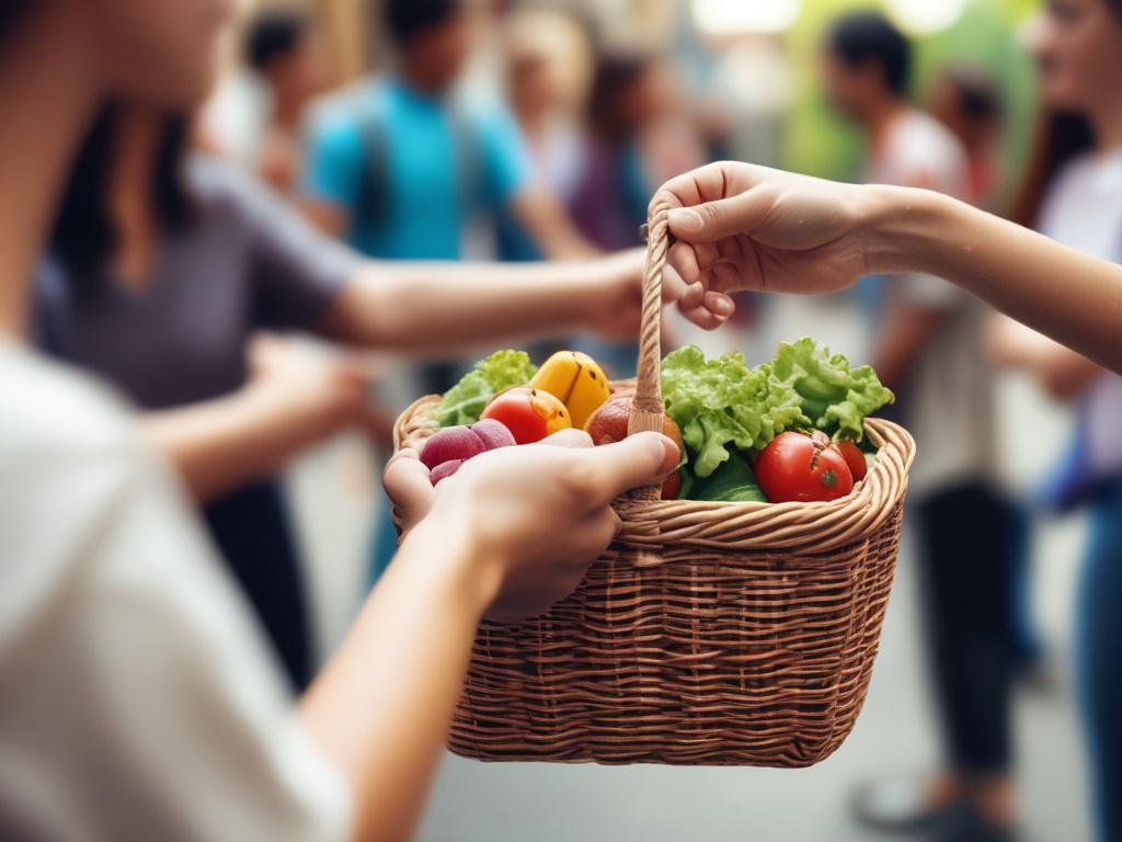 A close-up shot of hands passing a food basket to a person in need, with a soft focus on the act of giving. The background includes blurred figures engaged in community interaction under natural light, with subtle purple tones matching rgb(69, 10, 186). Captured using a 45mm f/1.2 lens for a hyper-realistic and emotionally compelling image.