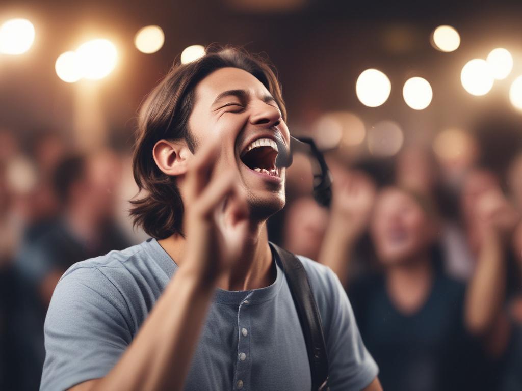 A close-up shot of a worship leader passionately singing, eyes closed, holding a microphone with both hands. The background shows blurred congregation hands raised in praise, bathed in purple and blue stage lighting matching rgb(69, 10, 186). Shot with a 45mm f/1.2 lens for a hyper-realistic, detailed focus on the singer's expressive face.