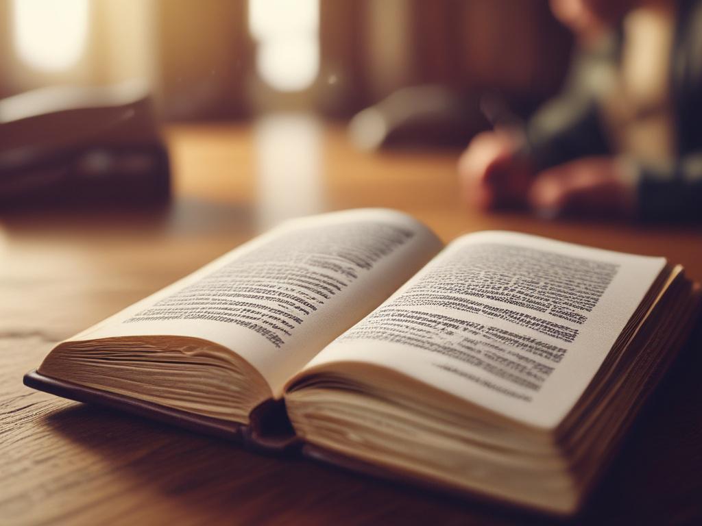 A close-up shot of an open Bible on a wooden table with highlighted verses, a pen resting beside it. The background shows a blurred group of people sitting in a circle, attentively listening. Lighting enhances the purple-blue hues corresponding to rgb(69, 10, 186), captured with a 45mm f/1.2 lens for a crisp, hyper-realistic image focused on the Bible.