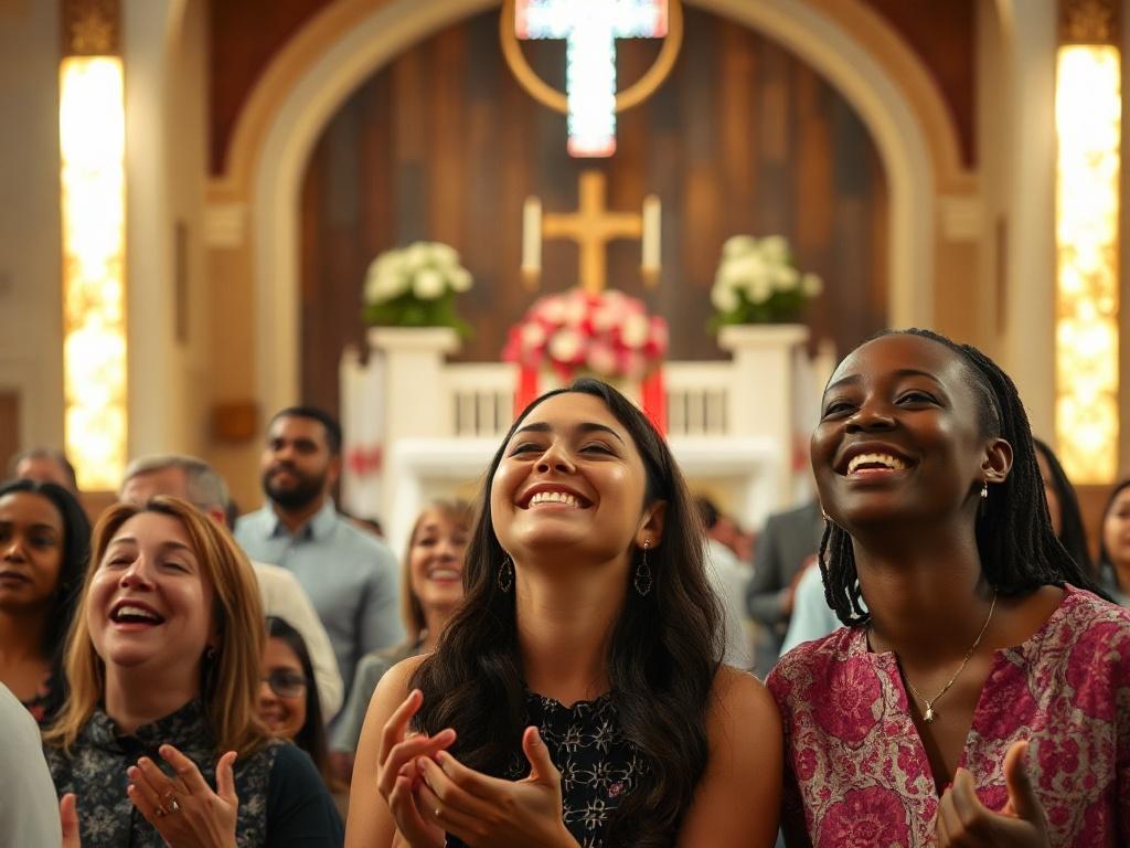 A warm and inviting church interior during a homecoming service. The scene focuses on a diverse group of people engaged in worship, with smiles and expressions of joy. Soft lighting enhances the atmosphere, and a beautiful altar with flowers in the background creates a sense of community. The composition should be simple, capturing the essence of fellowship and togetherness.