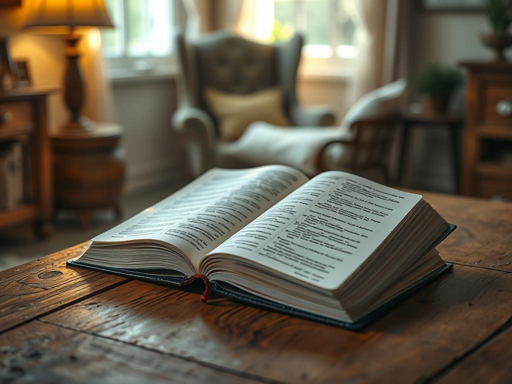 Create a highly detailed, realistic high-resolution photo of an open Bible resting on a rustic wooden table. The Bible should be the central subject, with its pages slightly fanned out to reveal highlighted verses reflecting core biblical teachings. The background should be softly blurred, showcasing a softly lit room with warm, inviting décor, including a faint glimpse of a cozy armchair and a window allowing natural light to illuminate the scene.

Capture the essence of exploration and guidance by having 