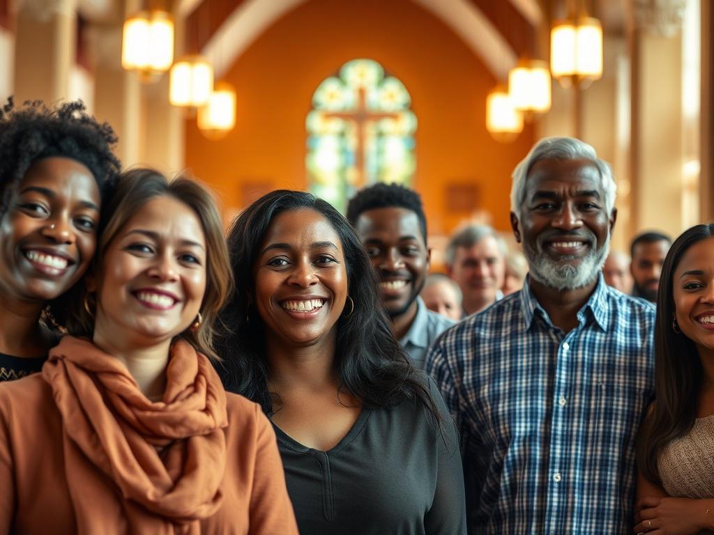 A close-up shot of a diverse group of church members standing together, smiling warmly, with a soft focus on their faces, showcasing a sense of community and belonging. The background features a blurred image of a beautiful church interior adorned with warm lighting, creating an inviting atmosphere. The composition emphasizes the unity and joy of the congregation, shot with a 45mm f/1.2 lens to highlight the details of the individuals.