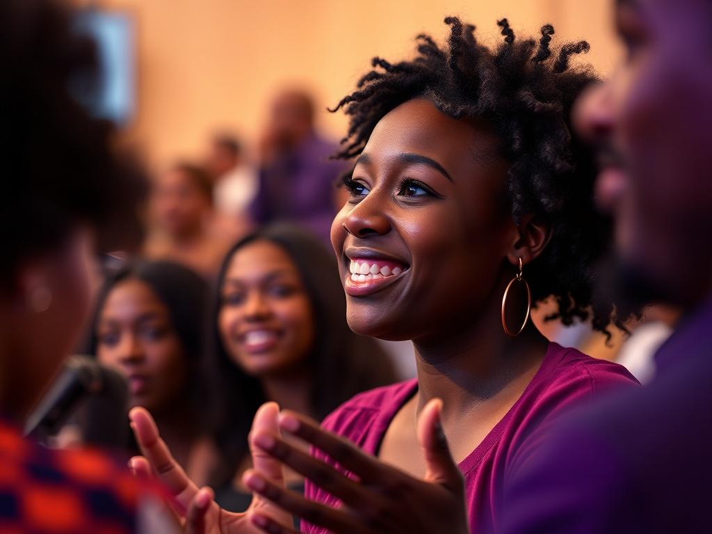 A close-up shot of a diverse group of people engaged in a discussion at a community event. The focus is on a young Black woman passionately sharing her thoughts, with a warm smile and expressive gestures. In the background, there are blurred images of an audience, creating an atmosphere of engagement and connection. The lighting is warm and inviting, emphasizing the sense of community and celebration. The color scheme incorporates shades of purple to reflect the primary color rgb(69, 10, 186).