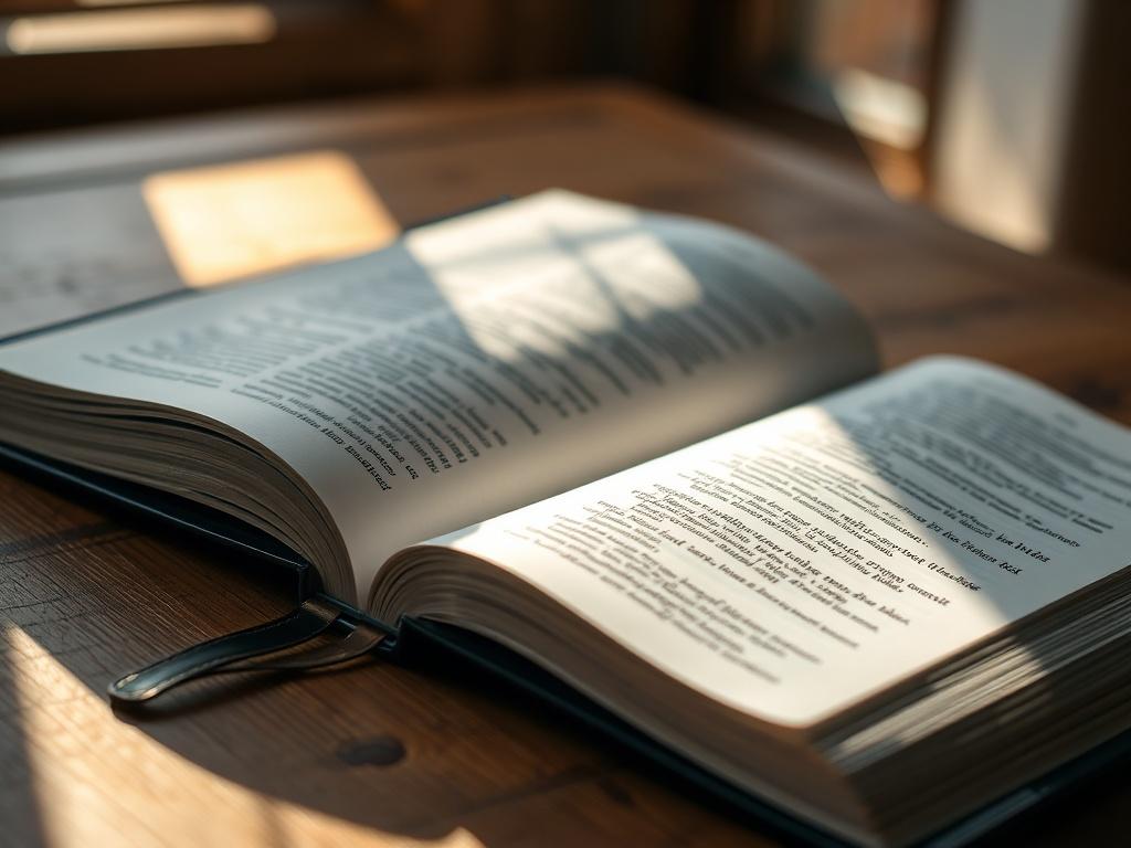 A close-up shot of an open Bible with highlighted verses, placed on a wooden table. Soft, natural light illuminates the pages, creating a warm and inviting atmosphere. The background is blurred to keep the focus on the Bible, evoking a sense of peace and reflection.