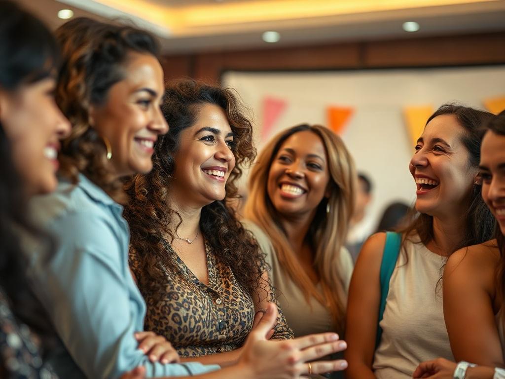 A close-up shot of a diverse group of women engaged in a lively discussion at a conference. The focus is on their expressions of joy and engagement, with warm lighting creating an inviting atmosphere. The background features simple decorations with soft colors that complement the primary color rgb(69, 10, 186). The image captures the essence of empowerment and connection among women.