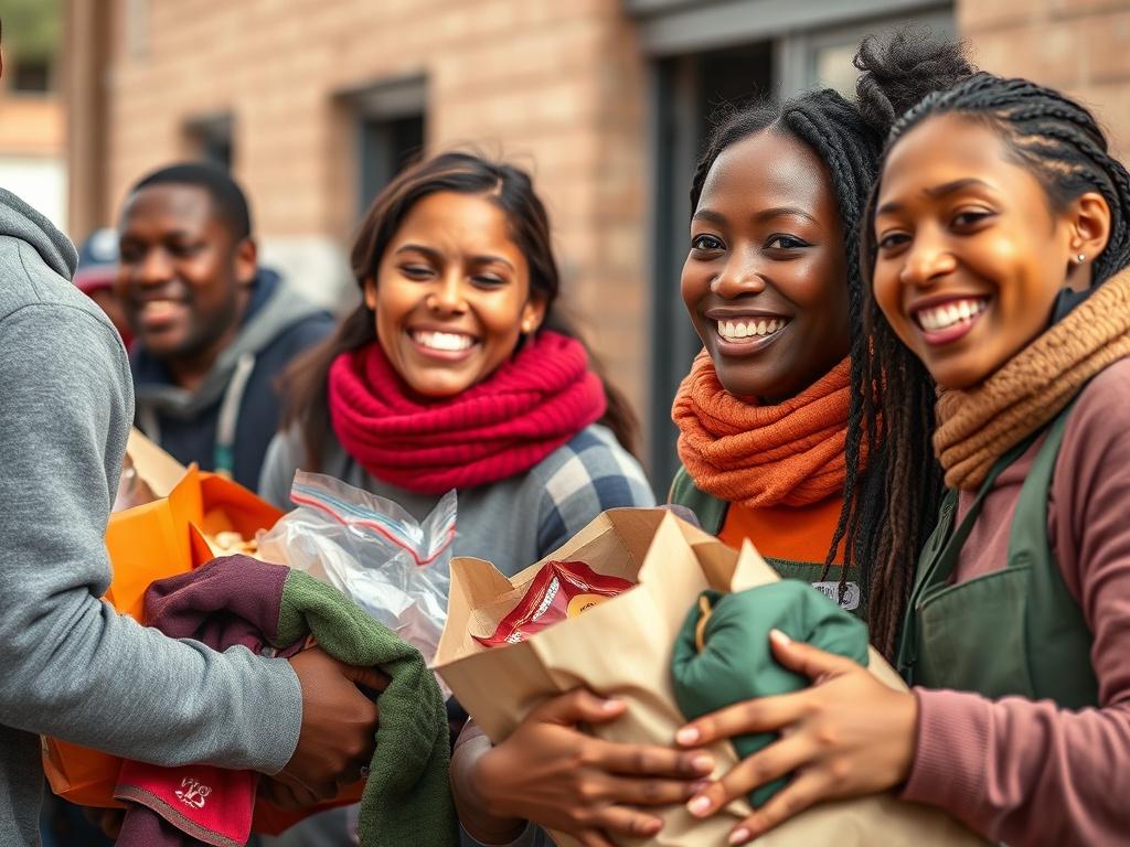 A close-up shot of volunteers joyfully participating in a community outreach program, distributing food and clothing to families in need, with smiles and a sense of purpose.
