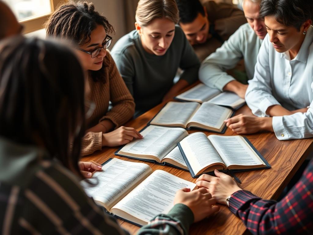 A close-up shot of a diverse group of people engaged in a Bible study, sitting around a table filled with open Bibles and notebooks, with a warm, inviting atmosphere.