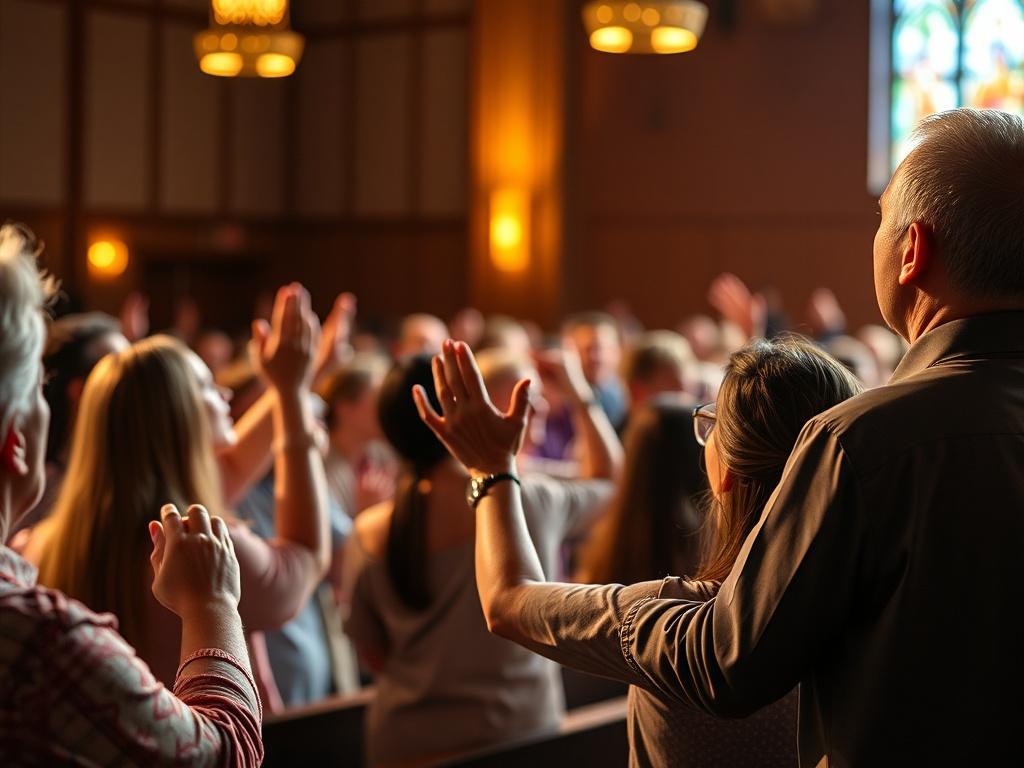 A close-up shot of a vibrant worship service in a church, with people singing joyfully, hands raised, and the pastor delivering an inspiring sermon, bathed in warm light.