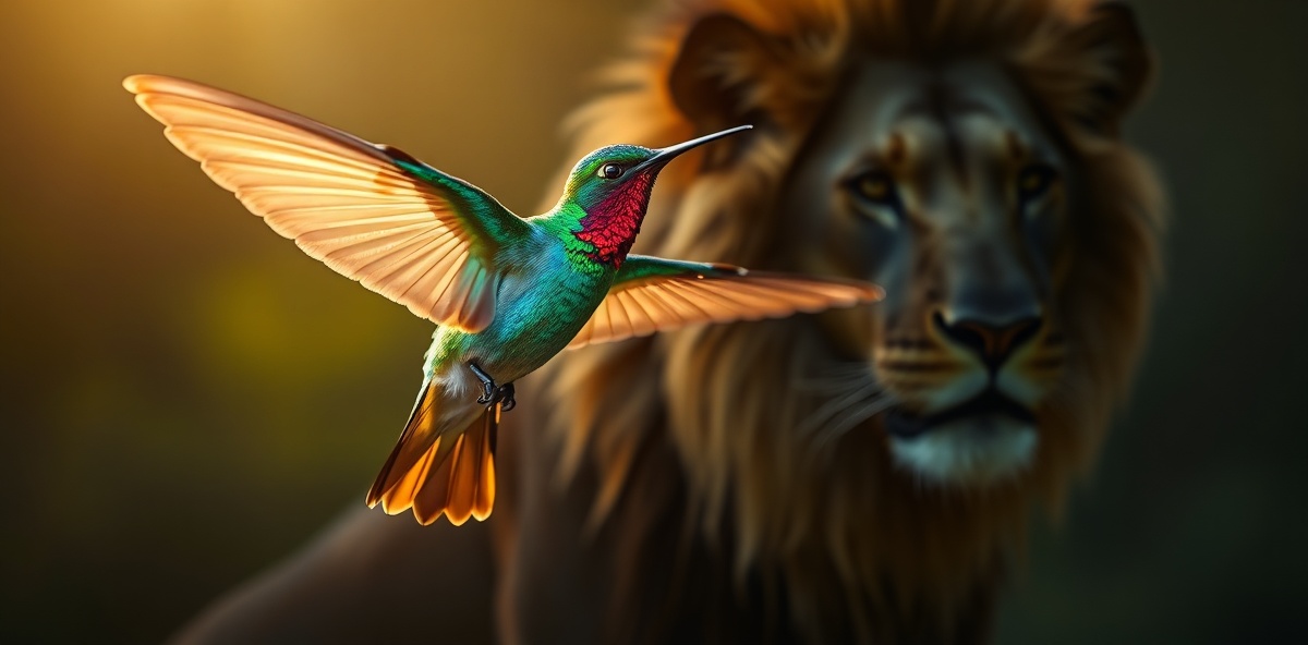 Vibrant hummingbird with shadowy lioness in background, symbolizing resilience and strength