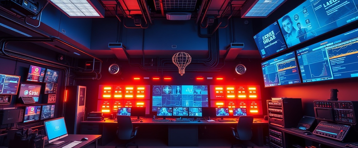 High-tech control room with illuminated displays and network infrastructure