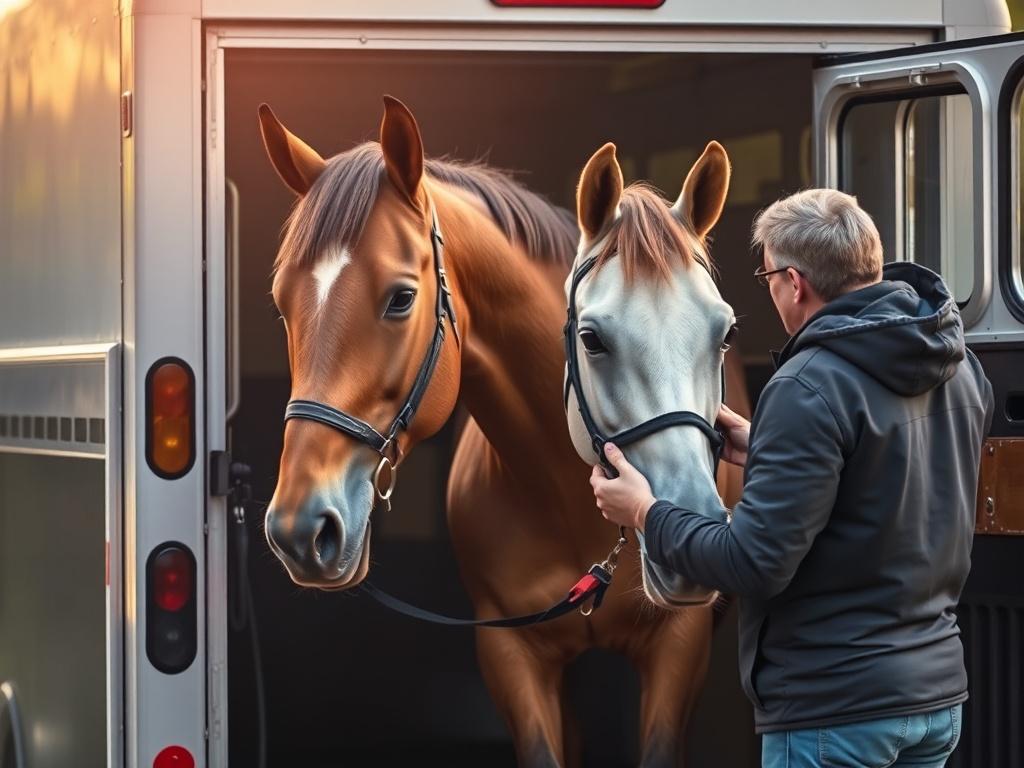 A serene scene depicting a gentle horse being loaded into