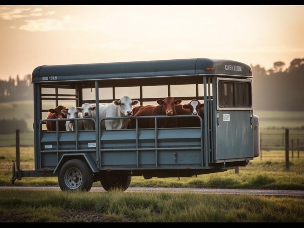 A tranquil image showing a livestock trailer with various animals