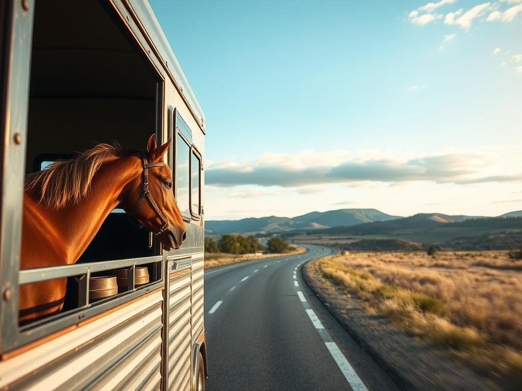 A scenic view of a horse trailer on the highway,