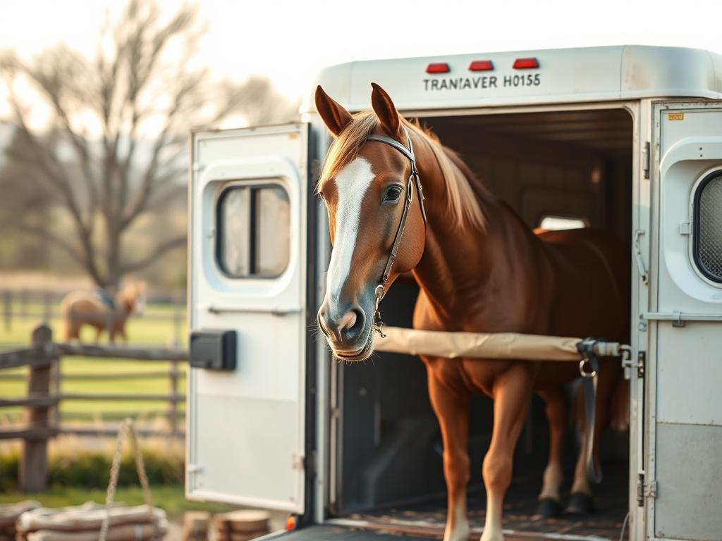 A peaceful scene of a horse being carefully loaded into