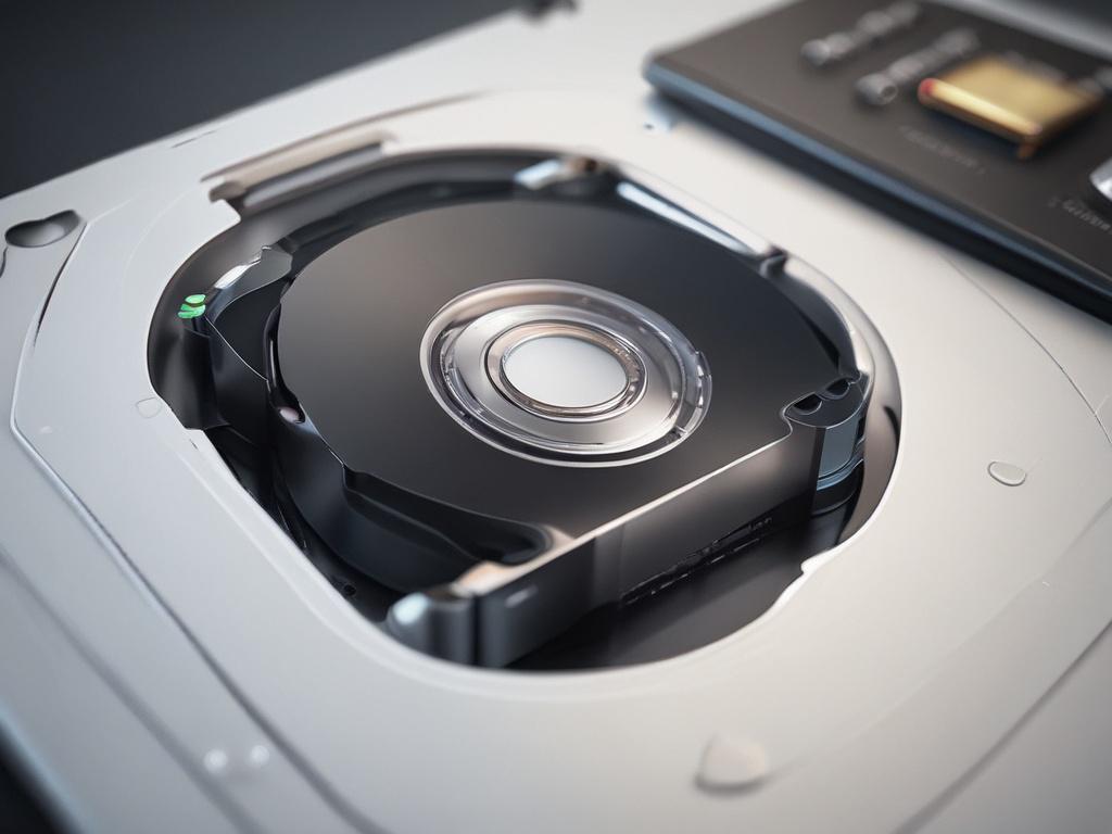 A close-up, hyper-realistic photo of a secure digital data storage device, captured with a 45mm f/1.2 lens style. The image shows a sleek, modern external hard drive with glowing green lights matching rgb(50, 170, 39) as the primary color accent. The background is softly blurred and minimalistic, emphasizing the device's security and reliability. The composition is simple and clear, focusing solely on the storage device to highlight data protection.