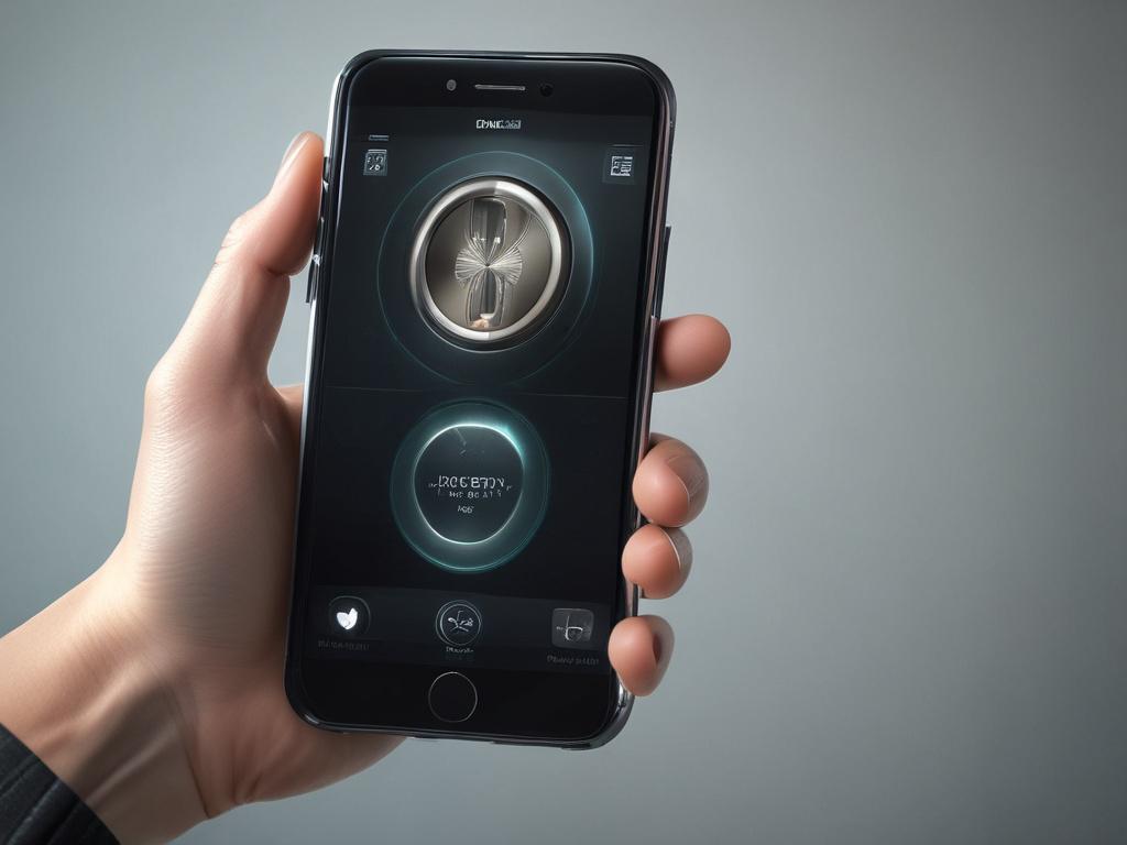 A hyper-realistic close-up shot of a high-tech secure digital lock interface on a mobile device screen, captured with a 45mm f/1.2 lens style. The background is softly blurred to emphasize the lock symbol glowing in rgb(50, 170, 39) green color. The composition is simple and clear, focusing solely on the mobile screen displaying the encryption lock symbol, highlighting security and protection themes.