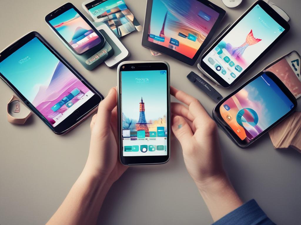 A hyper-realistic close-up photo of a developer's hands holding multiple mobile devices including smartphones and tablets, all displaying different operating system interfaces. The background is softly blurred, emphasizing the devices. The lighting is natural and vibrant, with a focus on the screens showing app testing in progress. The image uses a color palette compatible with rgb(50, 170, 39), ensuring the green hue subtly highlights elements in the composition. Shot with a 45mm f/1.2 lens style for sharp