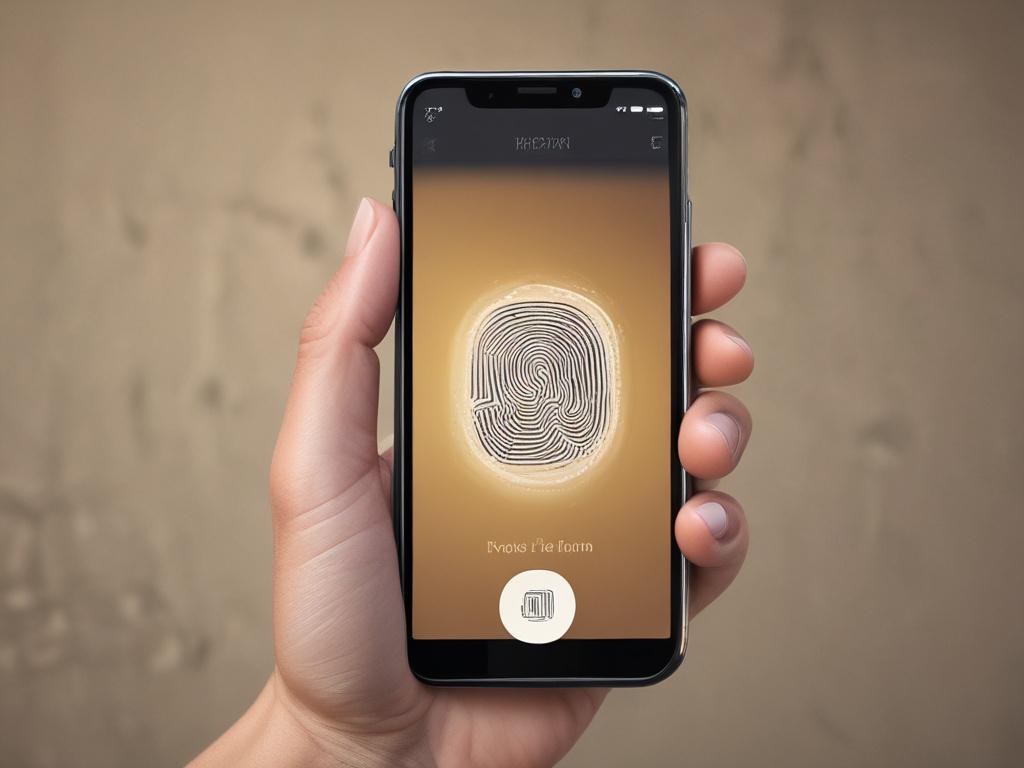 A hyper-realistic close-up photo of a mobile device held in a person's hand, displaying a secure login screen with a fingerprint authentication prompt. The background is softly blurred with a bokeh effect, featuring subtle hints of the rgb(50, 170, 39) green color. Shot with a 45mm f/1.2 lens style focusing sharply on the fingerprint sensor area, emphasizing security and technology.