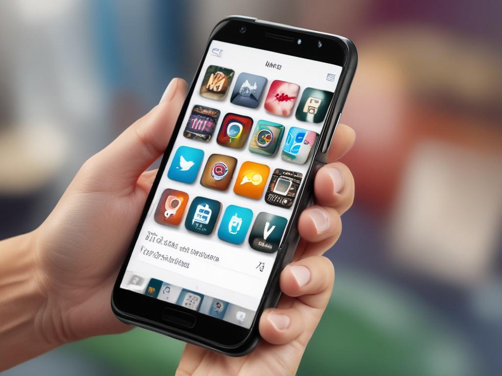 A hyper-realistic, high-resolution close-up shot of a modern smartphone held in a hand, showcasing a vibrant mobile app interface with diverse user icons connected by network lines in the background. The image is captured with a 45mm f/1.2 lens style, emphasizing sharp focus on the device and a softly blurred tech-inspired background in rgb(50, 170, 39) tones.