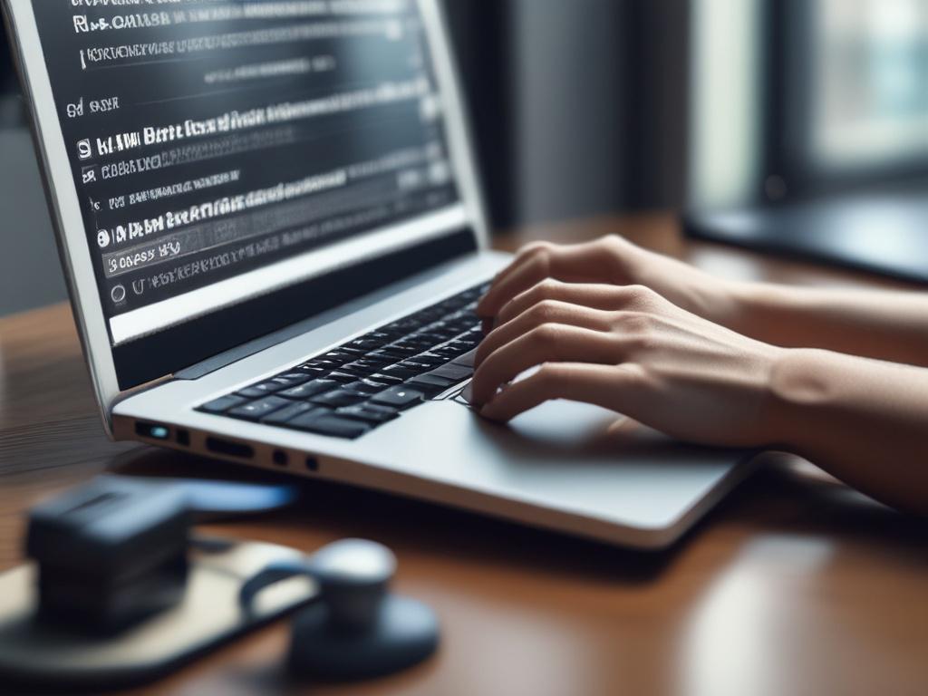 A hyper-realistic close-up photo of a software developer's hands typing on a sleek laptop keyboard, shot with a 45mm f/1.2 lens style. The screen displays lines of clean code and debugging tools with a subtle overlay of green highlights matching rgb(50, 170, 39). The background is softly blurred, focusing entirely on the developer's hands and the laptop, evoking precision and efficiency in mobile app maintenance.