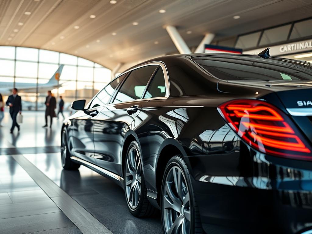 A luxurious black chauffeur vehicle parked outside an airport terminal, showcasing the sleek design and elegance of the car. The background shows the busy airport with travelers and planes, illuminated by natural sunlight. The focus is on the car with a clear view of its polished exterior and luxurious interior visible through the windows.