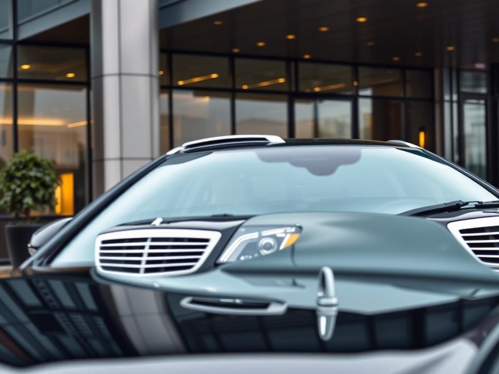 An upscale black vehicle with a chauffeur waiting outside a modern corporate office building. The scene captures the essence of professionalism, with the chauffeur dressed in formal attire and the building's sleek architecture in the background. The focus is on the chauffeur and the vehicle, conveying luxury and reliability.