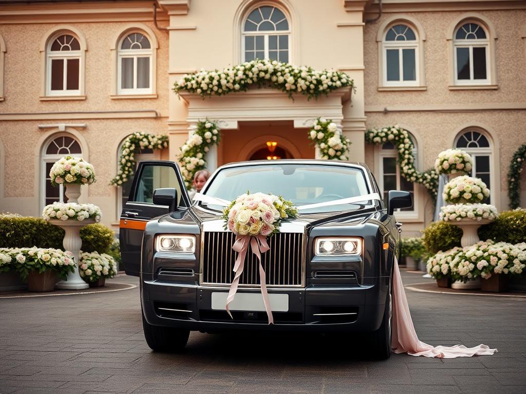 A beautifully decorated luxury vehicle parked in front of a picturesque wedding venue, surrounded by flowers and elegant decor. The scene captures the joy of celebration, with a happy couple entering the vehicle. The focus is on the vehicle's elegance and the festive atmosphere surrounding it.