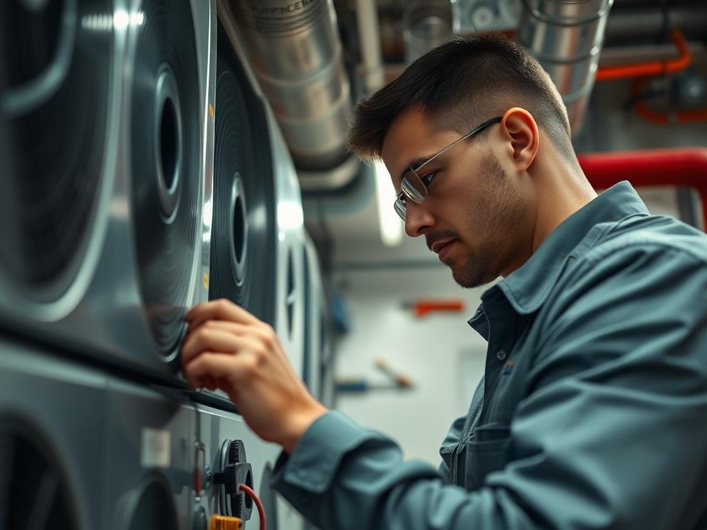 A technician performing routine maintenance on an HVAC system in