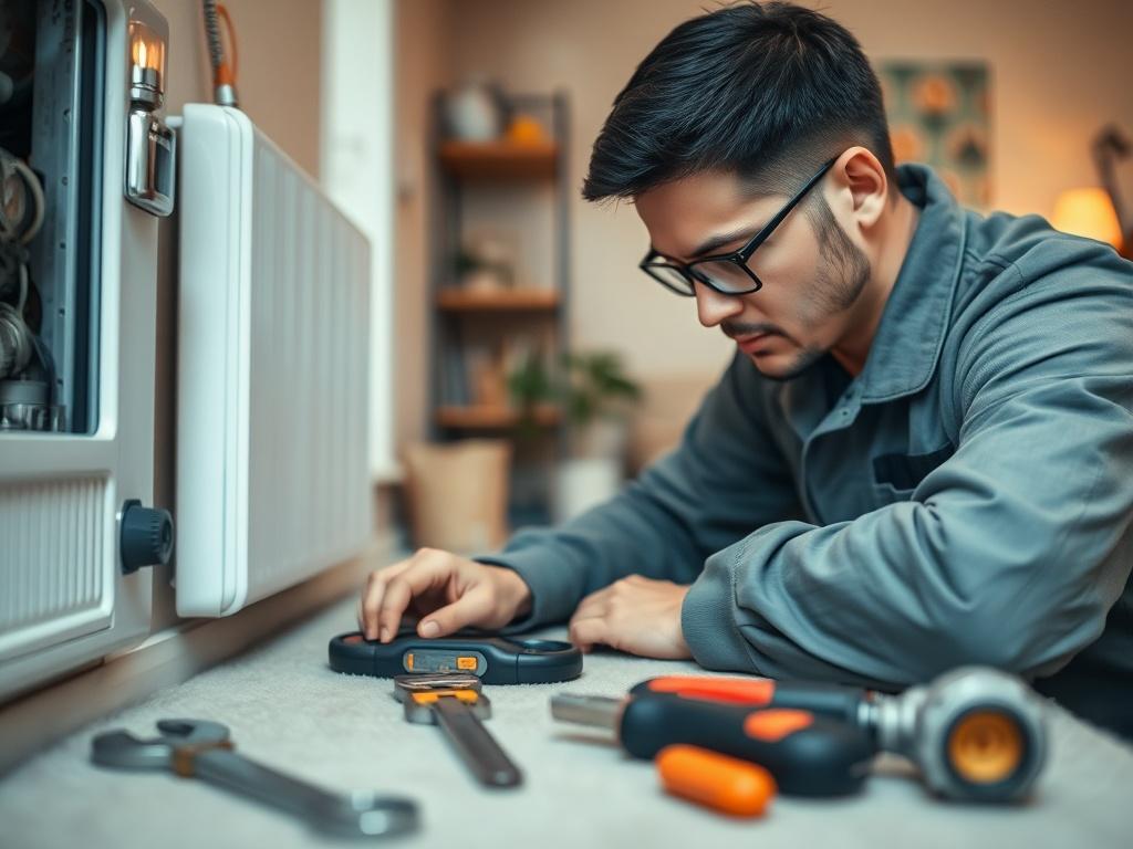 A technician inspecting a heating system in a cozy living