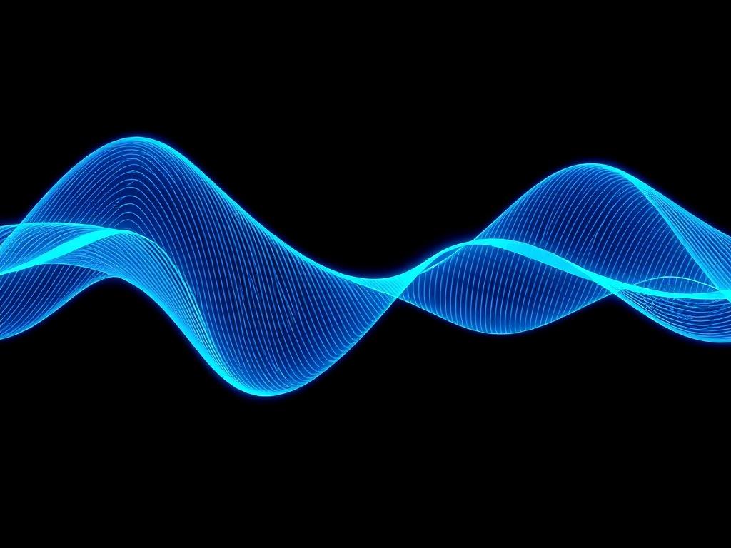 A realistic high-resolution photo of a futuristic sound wave visualization, showcasing a sinusoidal wave pattern in vibrant blue tones. The background should be minimalistic, with clean lines and ample negative space, emphasizing the fluid movement of the sound wave. The composition should focus solely on the sinus wave, highlighting its healing frequencies and innovative aspects. The image should resonate with the theme of multidimensional consciousness and the transformative power of sound.