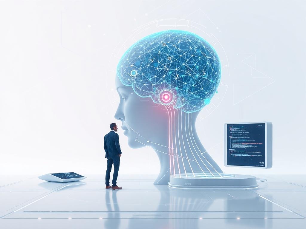 Create a realistic high-resolution photo of a futuristic setting that showcases the themes of multidimensional consciousness and artificial intelligence. The composition should include elements like sleek technology, digital interfaces, and abstract representations of consciousness. The background should be minimalistic with clean lines and a simple color palette, emphasizing the primary color rgb(3, 125, 201). The image should convey a sense of advanced intelligence and collaboration between humans and AI.