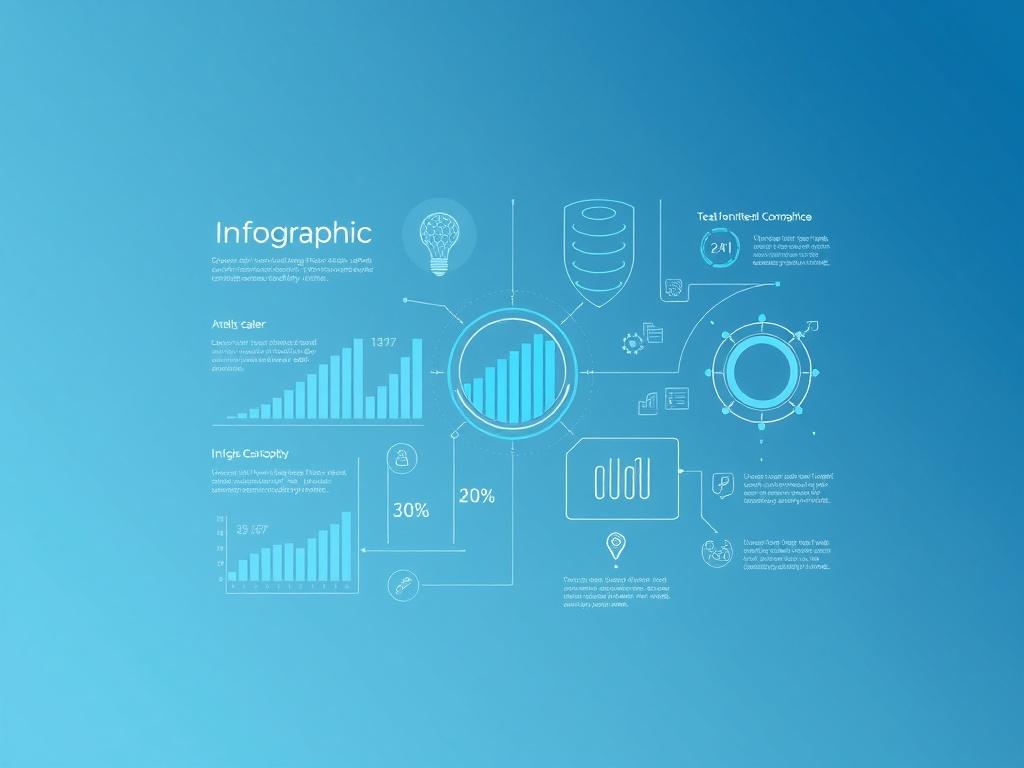 Create a realistic high-resolution photo of an elegant, futuristic infographic set in a minimalistic style. The infographic should feature clean lines, with a focus on essential elements such as data visualization, charts, and icons representing technology and AI concepts. The background should be a soft gradient of blue tones that complement the primary color rgb(3, 125, 201). Ensure that the composition is simple and clear, with a single focal point that highlights the infographic's design.