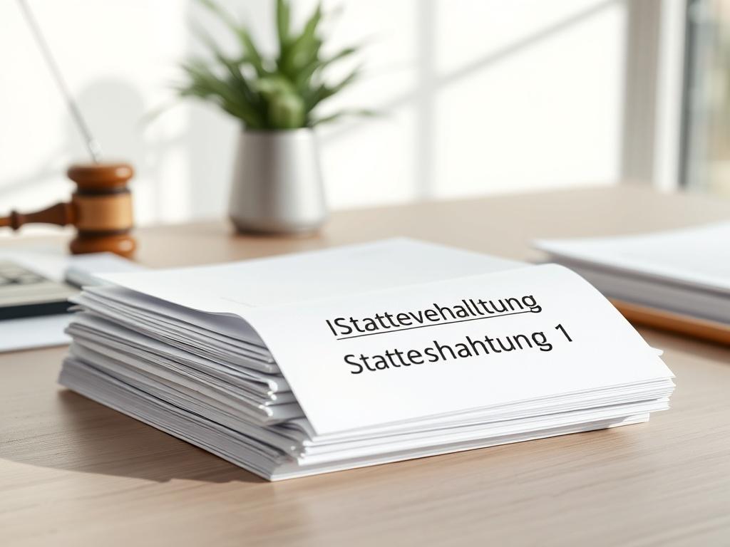 A realistic high-resolution photo of a stack of neatly arranged legal documents with a focus on a document titled 'Anlagen 1 Staatshaftung'. The background should be minimalistic, showcasing a clean desk with soft natural light illuminating the documents. The composition should emphasize clarity and simplicity, highlighting the importance of legal documentation in a professional setting.