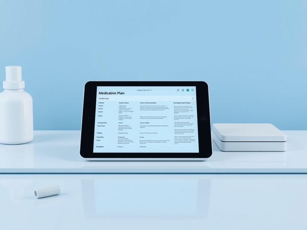 A realistic high-resolution photo of a futuristic medication plan in PDF format displayed on a sleek tablet. The tablet is placed on a minimalist desk with a clean design, featuring a calming blue color scheme. The background is simple and uncluttered, emphasizing the tablet and the PDF content. The PDF shows a structured outline of medications, schedules, and health tips, portraying a modern approach to medication management.