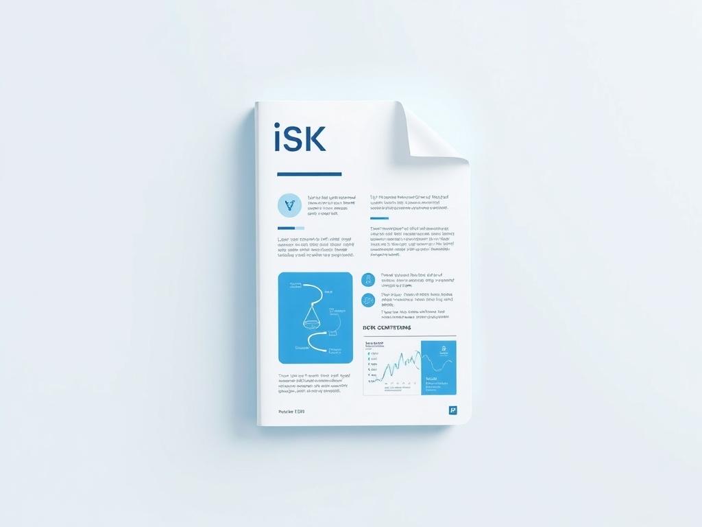 Create a realistic high-resolution photo of a futuristic PDF document titled 'iSK'. The document should have a sleek, minimalistic design with clean lines, featuring a blend of modern graphics and technology-related visuals. The background should be simple and light-colored, emphasizing the document itself. The composition should focus solely on the PDF document, showcasing its innovative layout and design elements. Use a color palette that includes shades of blue to align with the brand's aesthetic.