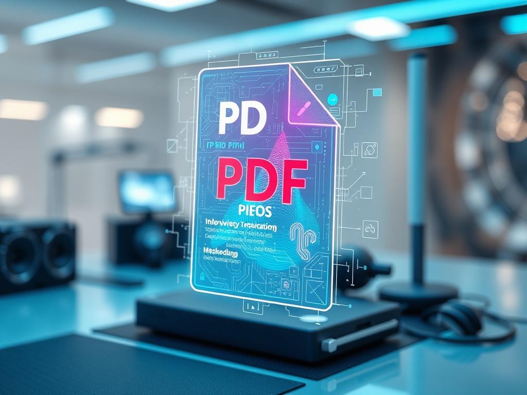 A hyper-realistic close-up shot of a futuristic PDF document, displaying intricate digital designs and holographic elements. The document appears to be floating above a sleek, modern workspace with a soft blue ambient light. The background features blurred high-tech gadgets and a minimalist aesthetic that emphasizes innovation and creativity. The PDF document is clearly visible, showcasing a blend of vibrant colors and advanced graphics, inviting the viewer to explore its contents.