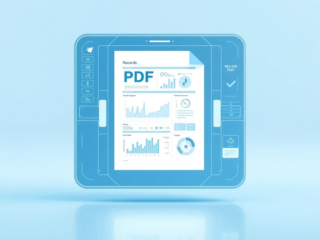 A realistic high-resolution photo of a futuristic digital document interface displaying medical records in PDF format. The design should feature clean lines and a minimalistic aesthetic, with a focus on a single document that showcases graphs, charts, and medical data. The background should be simple and uncluttered, emphasizing the document's futuristic nature, with soft blue tones to match the primary color of the brand.