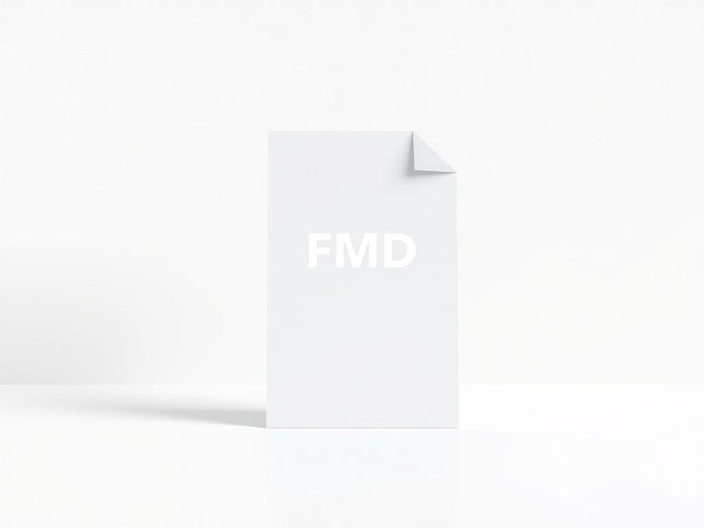 A realistic high-resolution photo of a futuristic PDF document titled "FMD" displayed in a minimalistic setting. The document should be the central focus, with clean lines and simple colors. The background should be soft and neutral, emphasizing the document's high quality and modern design. The overall composition should convey a sense of advanced technology and innovation, with a hint of sophistication.