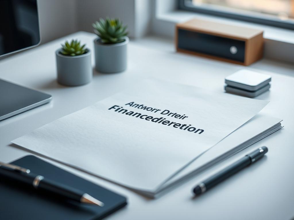 A close-up of a sleek, modern document titled 'Antwort Doktor Frei Finanzdirektion'. The document is neatly arranged on a minimalist desk, surrounded by a few elegant stationery items, such as a stylish pen and a small potted plant. The background is softly blurred to emphasize the document, with soft lighting creating a calming atmosphere. The color scheme should incorporate shades of blue, in line with the brand's theme, while keeping the overall look clean and professional.