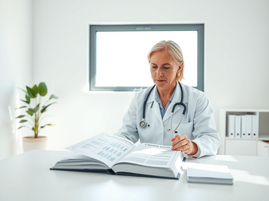 A realistic high-resolution photo of a medical doctor reviewing a chronic stress medical guide. The doctor, a middle-aged woman wearing a white lab coat, is seated at a desk in a clean and minimalist office space. Natural light streams in through a large window, illuminating the guide laid open in front of her, filled with charts and data. The background features a simple plant and a few medical books, emphasizing a professional yet calming atmosphere. The color palette is soft with a focus on blue tones, c