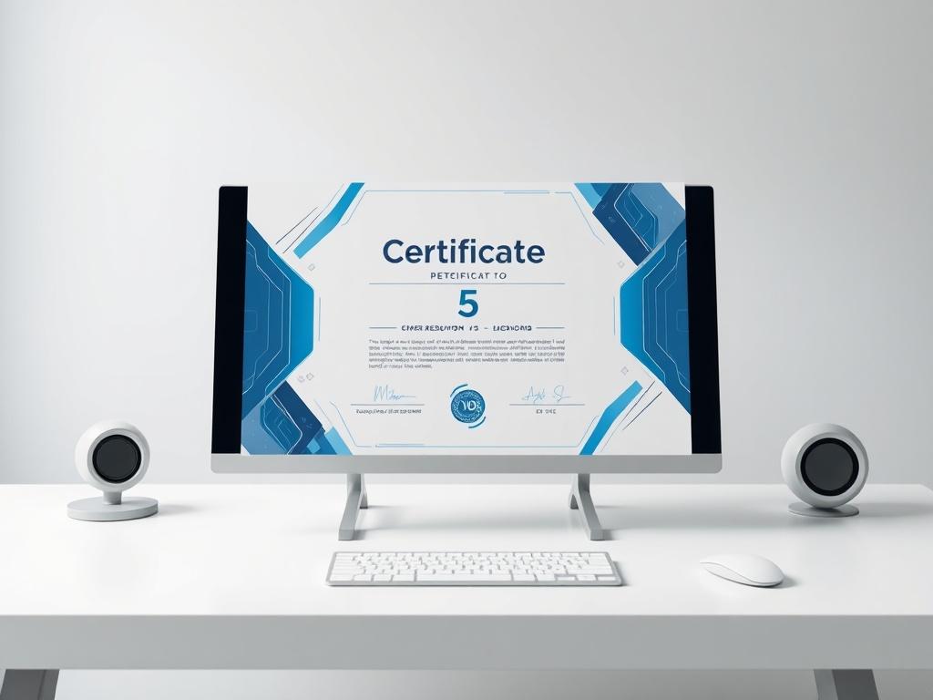 A realistic high-resolution photo of a futuristic certificate titled 'Certificate 5', displayed prominently on a clean, minimalistic desk. The certificate features intricate, modern designs with a blue and white color scheme, emphasizing the theme of advanced technology and innovation. The background is softly blurred to keep the focus on the certificate, with subtle hints of digital elements integrated into the design.
