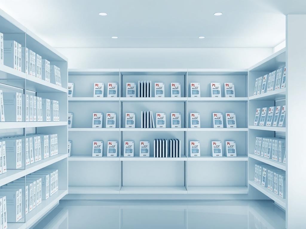 Create a realistic high-resolution photo of a futuristic minimalistic PDF file library. The composition should focus on sleek, modern shelves filled with neatly organized digital files resembling PDFs. The background should be simple and clean with soft lighting that enhances the minimalistic design. The color scheme should include shades of blue, white, and grey, reflecting a modern technological environment.