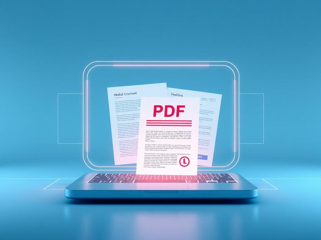A futuristic digital display showcasing medical documents and paperwork in PDF format. The composition should be minimalistic, focusing on a sleek, high-tech interface that highlights the documents with clean lines and a simple color palette. The background should be a soft gradient of blue tones, evoking a sense of advanced technology and innovation. The documents should appear as if they are being downloaded or accessed, illustrating the concept of modern medical documentation.