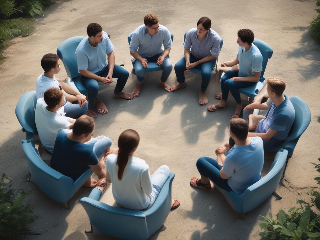 An inspirational scene of a diverse group of individuals sitting in a circle, engaging in discussion. The background features soft blue tones and natural elements, symbolizing unity and connection. The lighting is gentle and warm, evoking a sense of community and shared purpose, with the primary color scheme enhancing the overall calmness of the image.