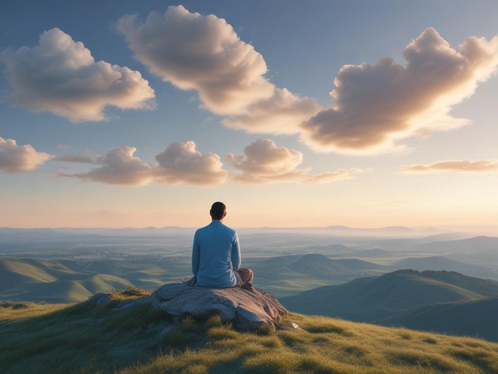 A serene landscape showing a person sitting cross-legged on a soft blue-hued ground, meditating under a clear sky. The background features gentle hills and soft clouds, symbolizing peace and introspection. The lighting is soft and natural, enhancing the calming atmosphere, with the primary color scheme reflecting calming blue tones.